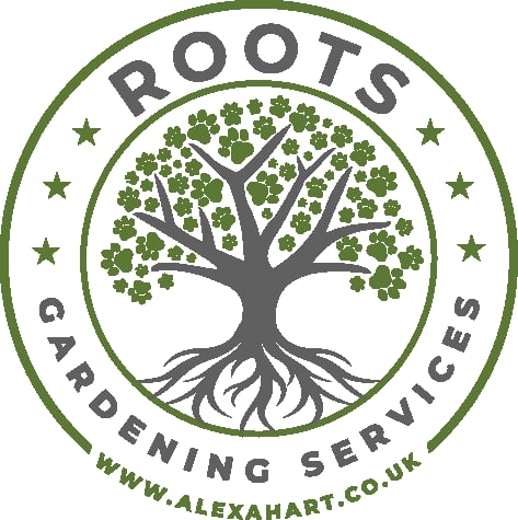 Roots Gardening Services logo with stylized tree featuring green foliage and roots, circular emblem with green border