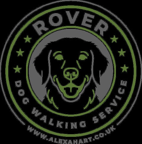 Rover Dog Walking Service logo with smiling dog face, green and gray circular badge design