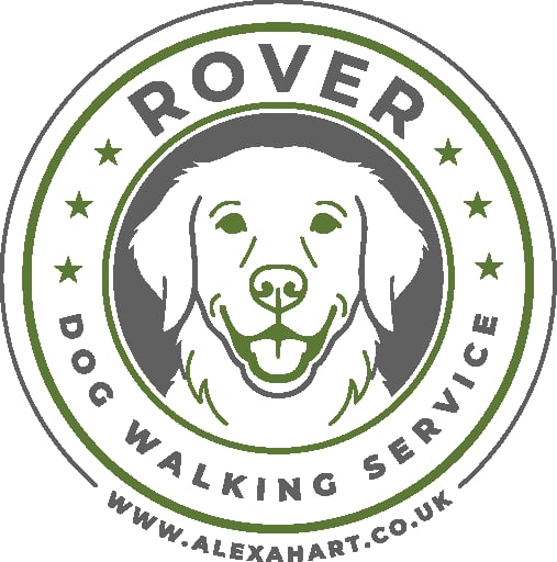 Rover Dog Walking Service logo with smiling dog face, green and gray circular badge design
